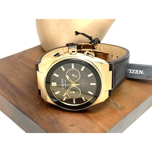 Citizen Mens Watch CA4583-01E Eco Drive Chronograph Rose Gold Brown Leather Band - Picture 9 of 15